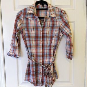 Fang Plaid Long with Tie and 3/4 sleeve Medium